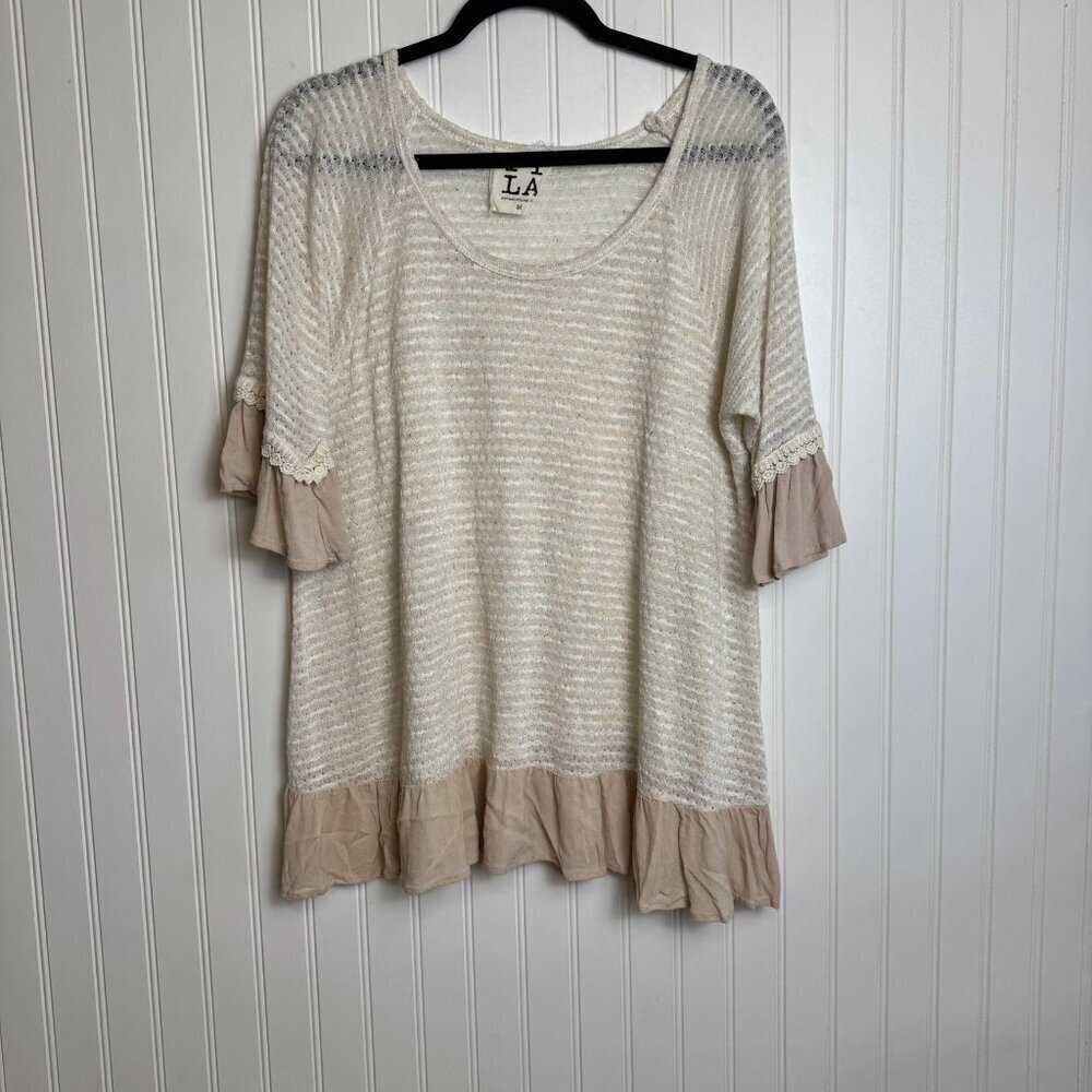PPLA knit scoop neck top ruffle trim 3/4 sleeve tunic size medium B10